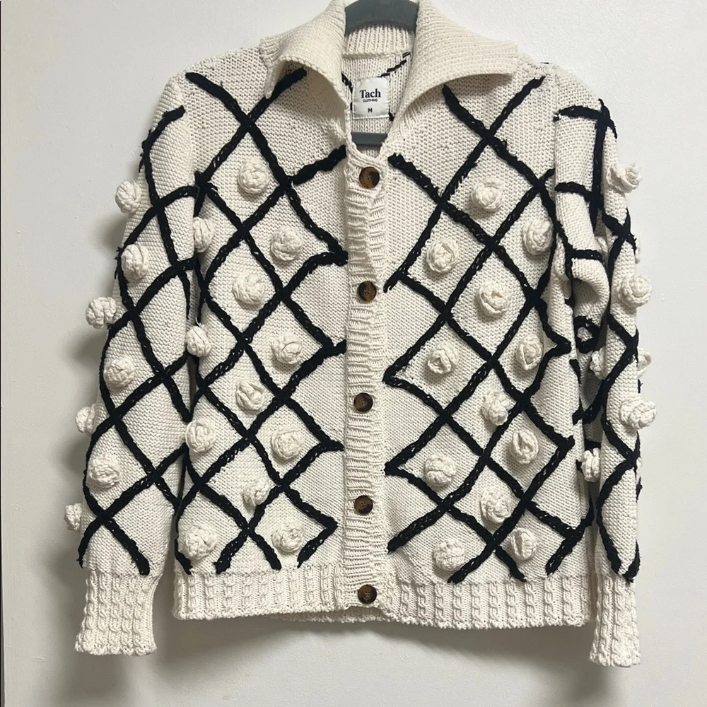 TACH Cream and Black Hand Knit Cotton Cardigan Lattice Design 3D Rosettes Medium
